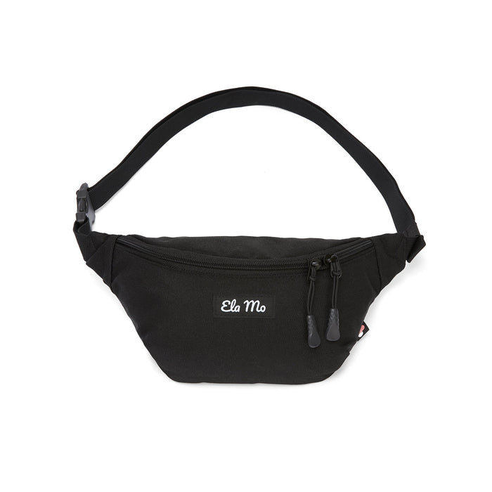 Ela Mo™ Hipbag  | Black. Schwarzer Hipbag mit zweifachem Reißverschluss und Umhängegurt.