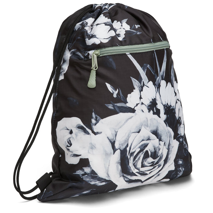 Ela Mo™ Packtaschen-Set | 5-teilig. Ein schwarzer, geblümter, dünner Rucksack des Sets mit kleinem Außenfach vorne.