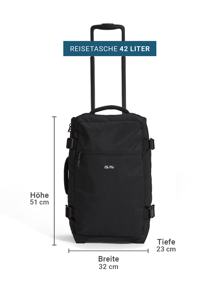 Ela Mo™ Reisetasche 42 Liter mit hochgezogenem Griff, schwarz | Auf weißem Hintergrund.