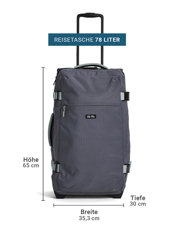 Ela Mo™ Reisetasche mit Rollen 78 Liter | Darkgrey Mint. Reisetasche mit Maßangaben auf weißem Hintergrund.