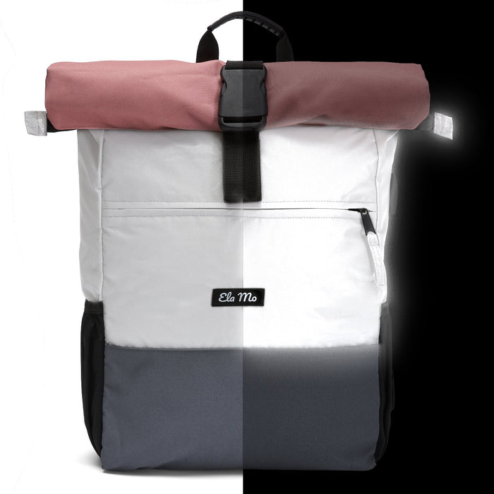 Ela Mo™ Rolltop Rucksack Night Edition | Peach. Reflektiver Rucksack mit floralem Muster und Vorderfach mit Reißverschluss.