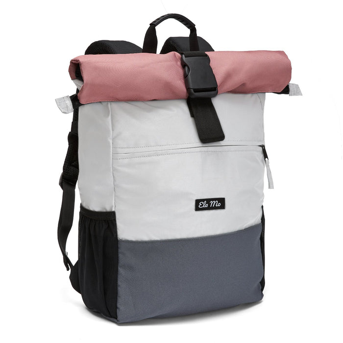 Ela Mo™ Rolltop Rucksack Night Edition | Peach. Rucksack mit Verschlussclip und Herstellerlogo vorne.