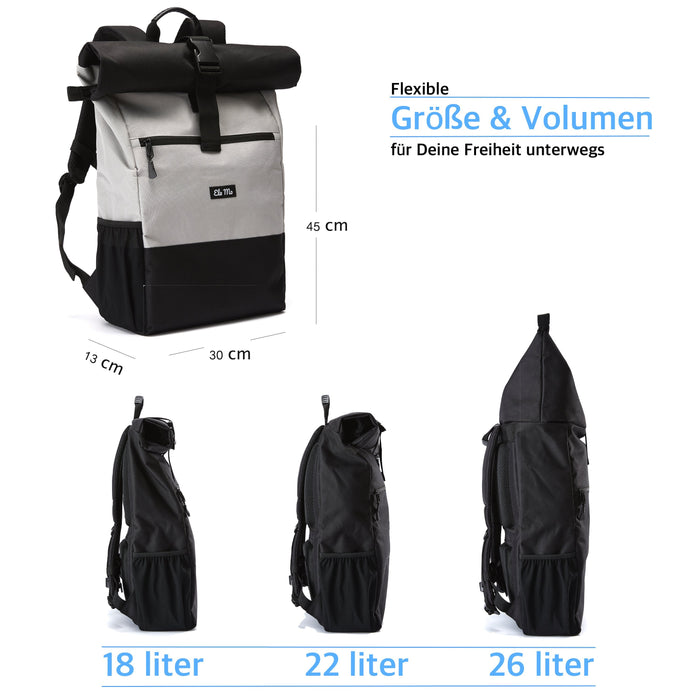 Ela Mo™ Rolltop Rucksack | The Grey. Rucksack mit drei Möglichkeiten zur Volumenerweiterung auf weißem Hintergrund.