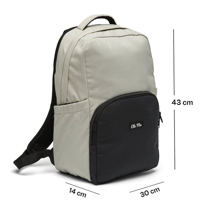 Ela Mo™ Schulrucksack | Desert. Ein grauer Schulrucksack mit Maßangaben.