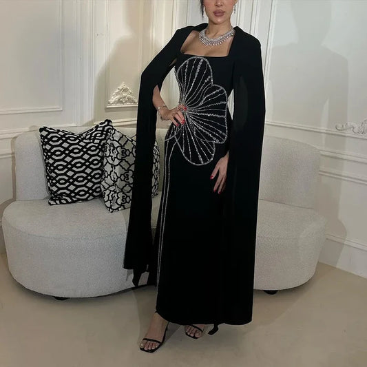 Elegant Black Luxury Beaded Arabic Evening Dress with Cape Sleeves LA72461 - SERENE HILL