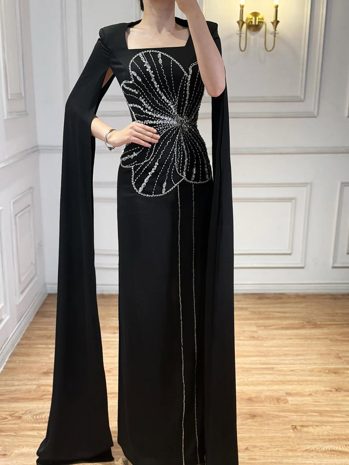 Elegant Black Luxury Beaded Arabic Evening Dress with Cape Sleeves LA72461 - SERENE  HILL