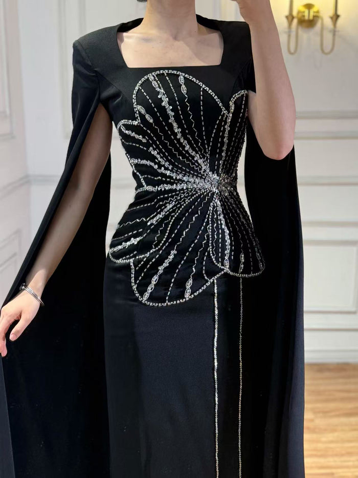 Elegant Black Luxury Beaded Arabic Evening Dress with Cape Sleeves LA72461 - SERENE  HILL