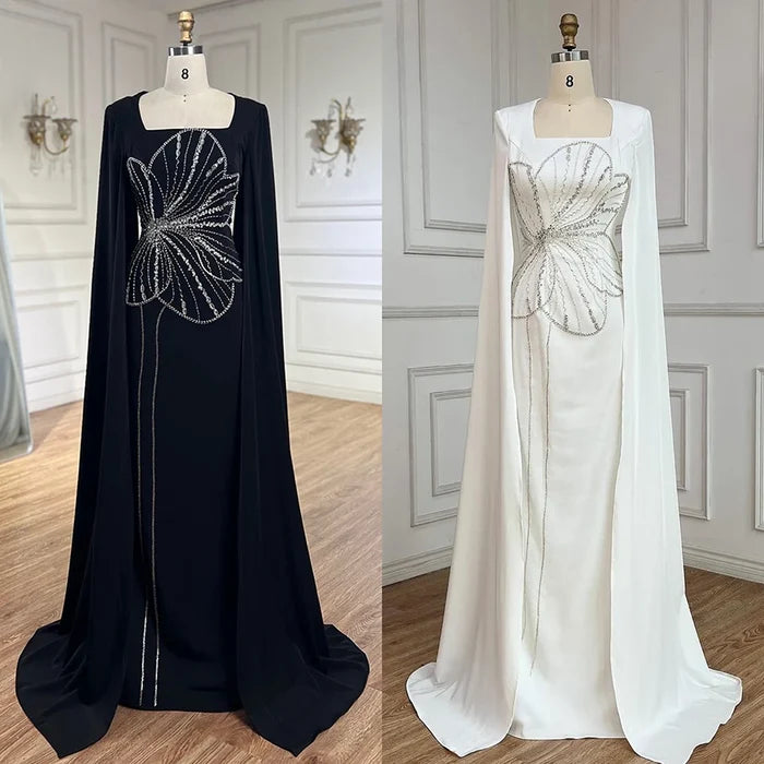 Elegant Black Luxury Beaded Arabic Evening Dress with Cape Sleeves LA72461 - SERENE HILL