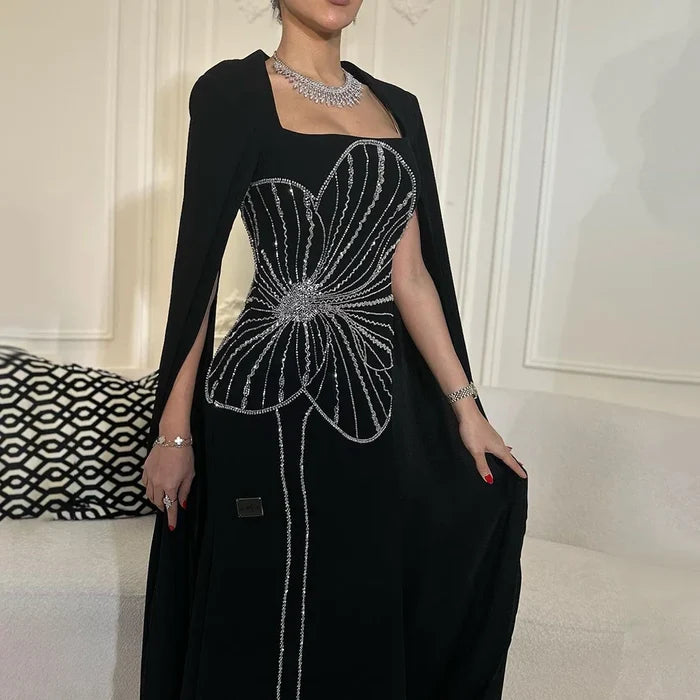 Elegant Black Luxury Beaded Arabic Evening Dress with Cape Sleeves LA72461 - SERENE HILL