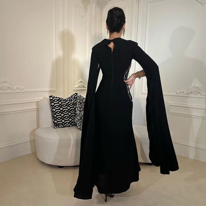 Elegant Black Luxury Beaded Arabic Evening Dress with Cape Sleeves LA72461 - SERENE HILL