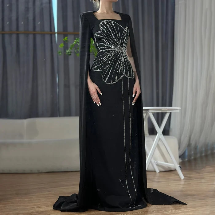Elegant Black Luxury Beaded Arabic Evening Dress with Cape Sleeves LA72461 - SERENE HILL