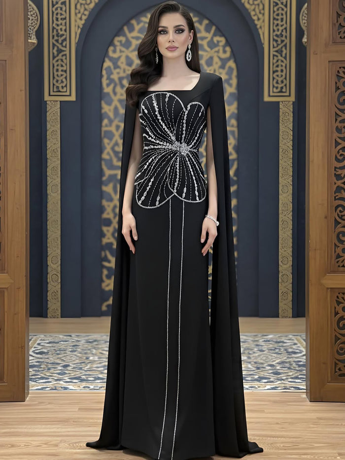 Elegant Black Luxury Beaded Arabic Evening Dress with Cape Sleeves LA72461 - SERENE  HILL