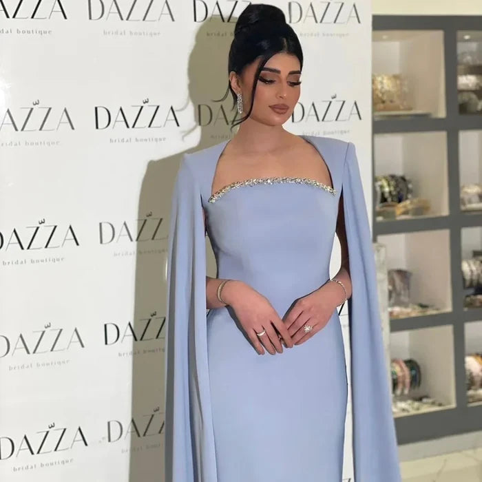 Elegant Blue Mermaid Evening Dress with Cape Sleeves LA72200 - SERENE HILL