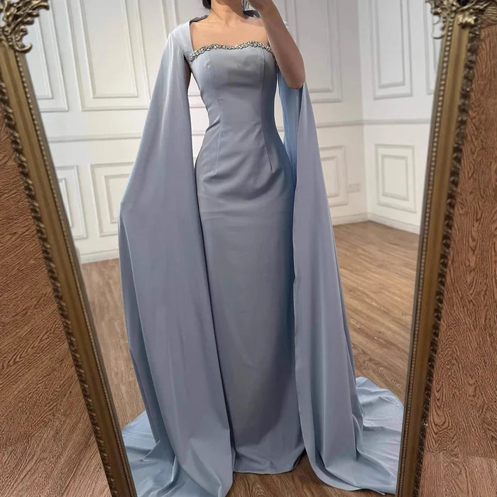 Elegant Blue Mermaid Evening Dress with Cape Sleeves LA72200 - SERENE HILL