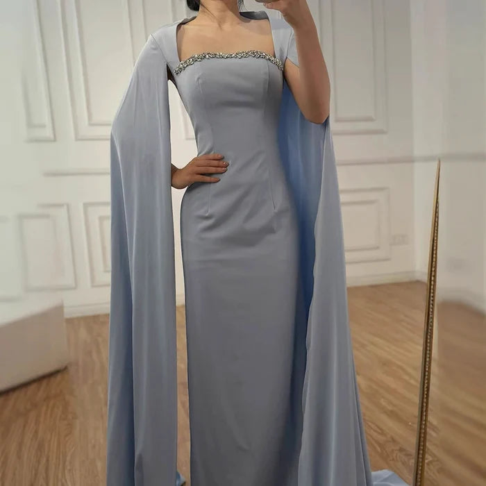 Elegant Blue Mermaid Evening Dress with Cape Sleeves LA72200 - SERENE HILL