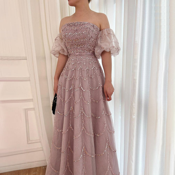 Elegant Dubai Pink Evening Dress with Puff Sleeves LA72130 - SERENE HILL
