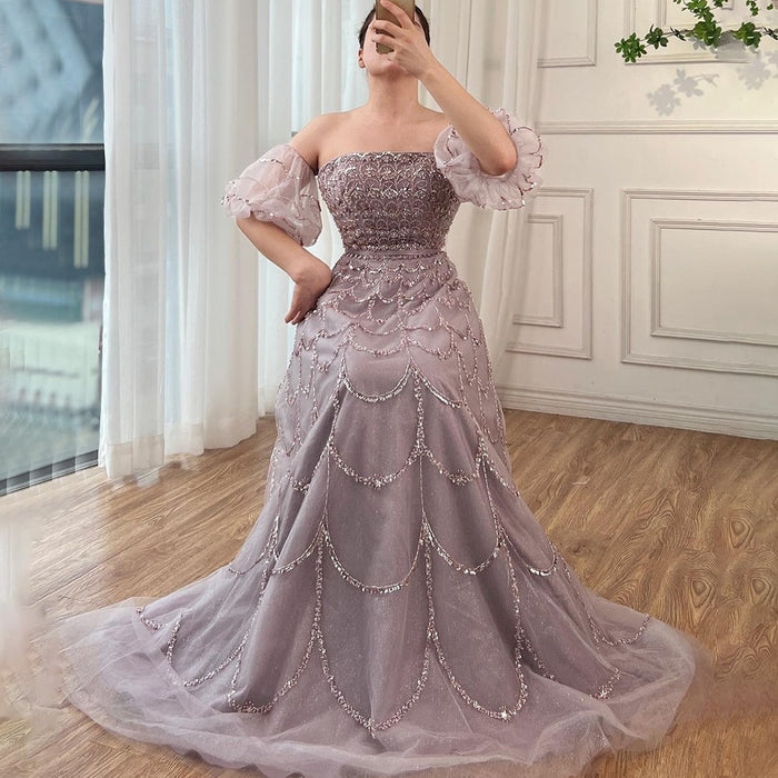 Elegant Dubai Pink Evening Dress with Puff Sleeves LA72130 - SERENE HILL