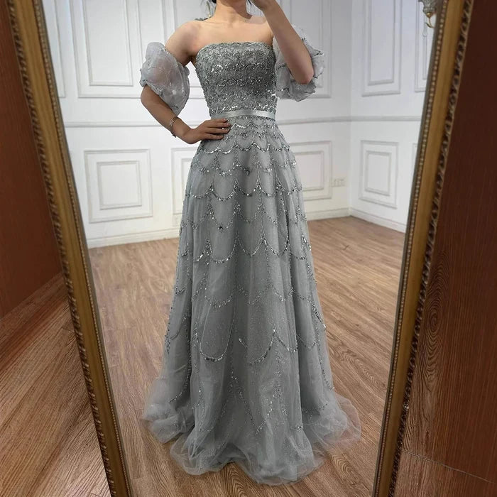Elegant Dubai Pink Evening Dress with Puff Sleeves LA72130 - SERENE HILL