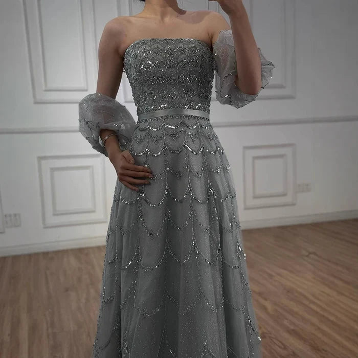 Elegant Dubai Pink Evening Dress with Puff Sleeves LA72130 - SERENE HILL