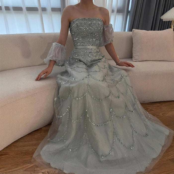 Elegant Dubai Pink Evening Dress with Puff Sleeves LA72130 - SERENE HILL