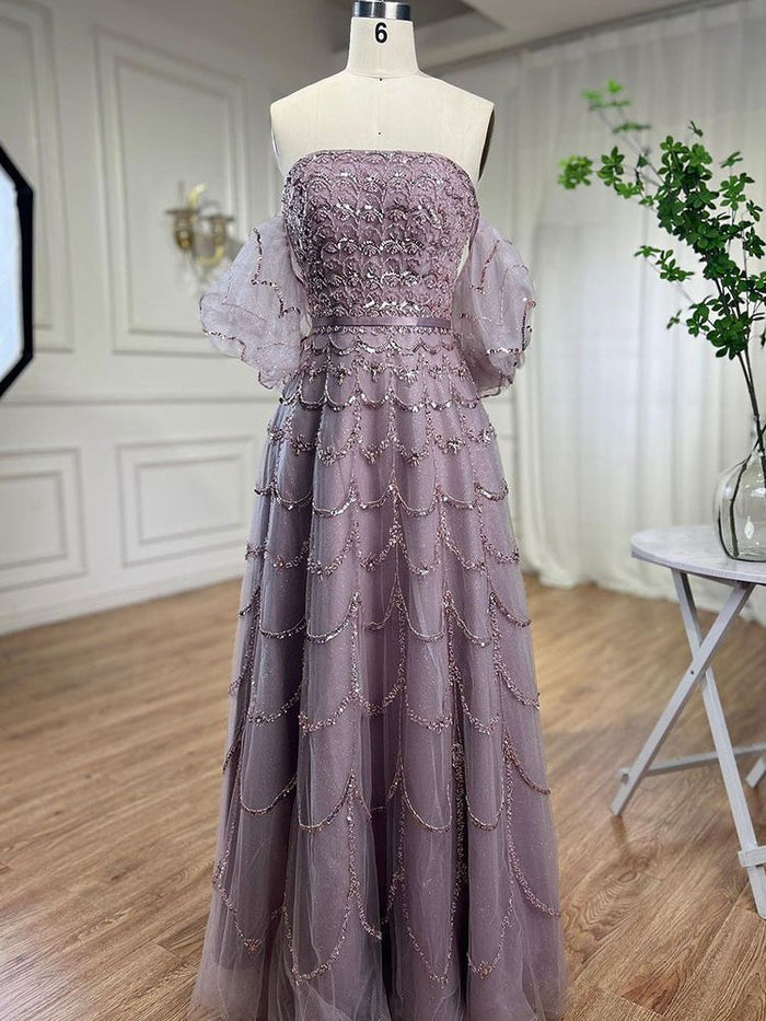 Elegant Dubai Pink Evening Dress with Puff Sleeves LA72130 - SERENE HILL
