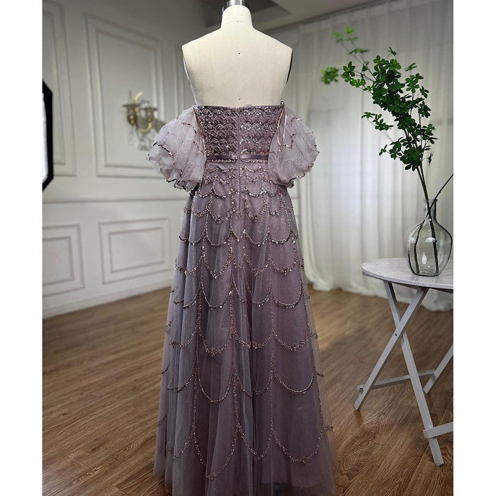 Elegant Dubai Pink Evening Dress with Puff Sleeves LA72130 - SERENE HILL