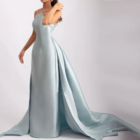 Elegant Light Blue Satin Evening Dress with Overskirt LA72524 - SERENE HILL