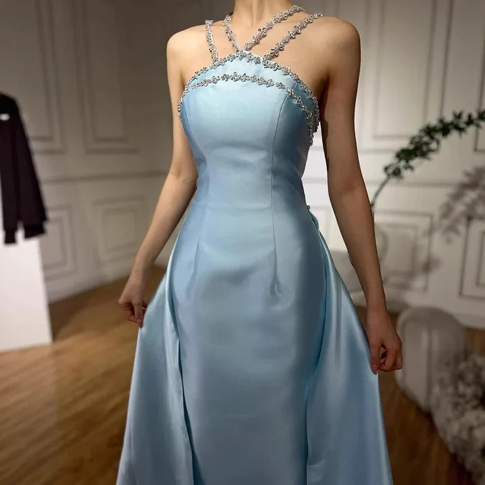 Elegant Light Blue Satin Evening Dress with Overskirt LA72524 - SERENE HILL