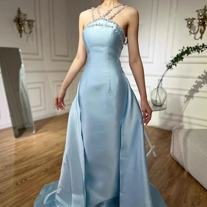 Elegant Light Blue Satin Evening Dress with Overskirt LA72524 - SERENE HILL
