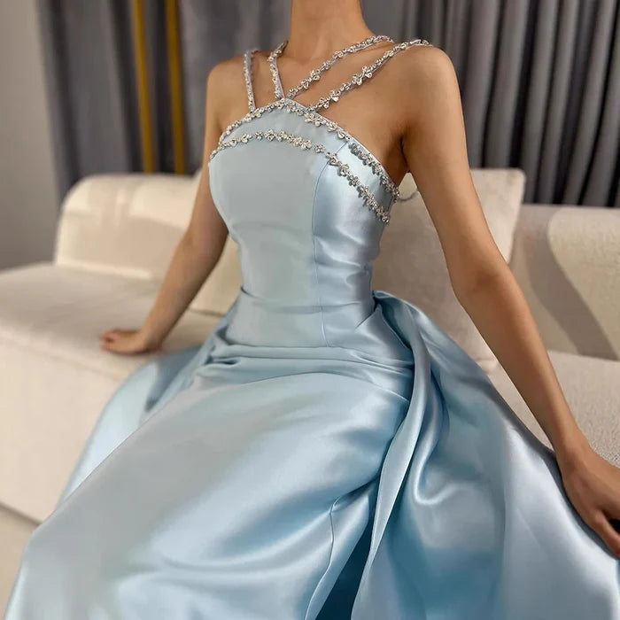 Elegant Light Blue Satin Evening Dress with Overskirt LA72524 - SERENE HILL