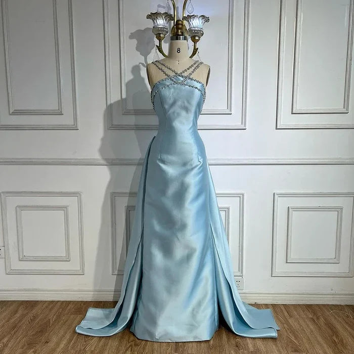 Elegant Light Blue Satin Evening Dress with Overskirt LA72524 - SERENE HILL