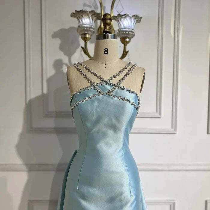 Elegant Light Blue Satin Evening Dress with Overskirt LA72524 - SERENE HILL
