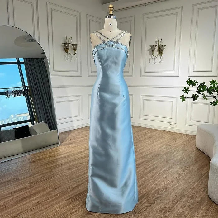 Elegant Light Blue Satin Evening Dress with Overskirt LA72524 - SERENE HILL