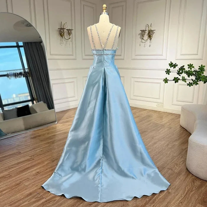 Elegant Light Blue Satin Evening Dress with Overskirt LA72524 - SERENE HILL