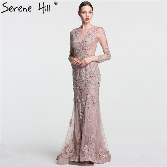 Elegant Mermaid Tulle Long Evening Dresses Pearls Crystal LA6087 - SERENE HILL