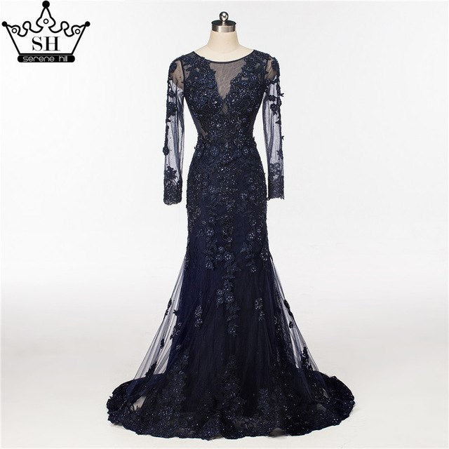 Elegant Mermaid Tulle Long Evening Dresses Pearls Crystal LA6087 - SERENE HILL