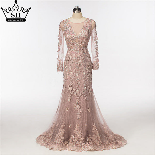 Elegant Mermaid Tulle Long Evening Dresses Pearls Crystal LA6087 - SERENE HILL