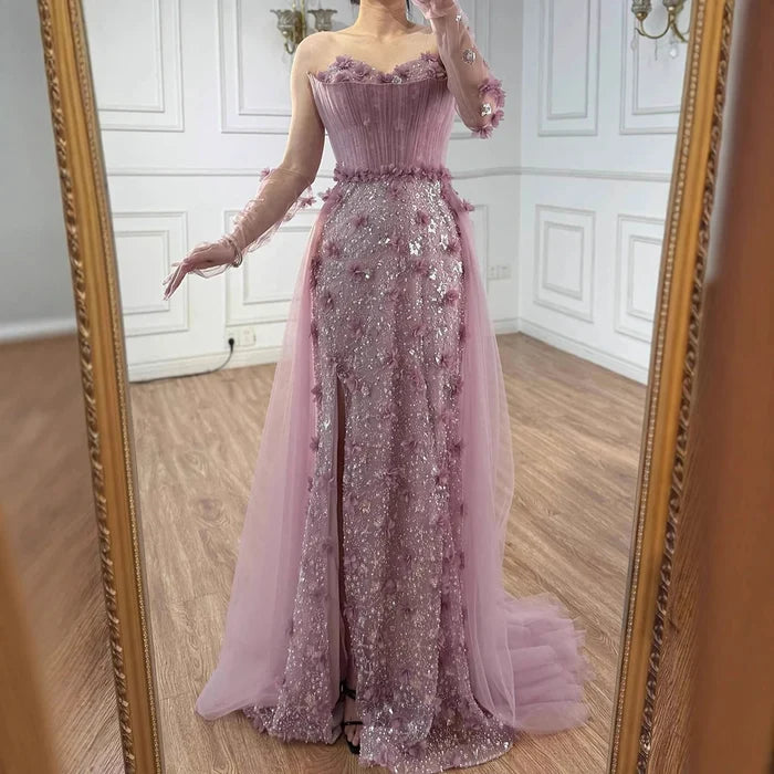 Elegant Pink 3D Floral High Slit Evening Gown with Gloves Overskirt LA72937 - SERENE HILL