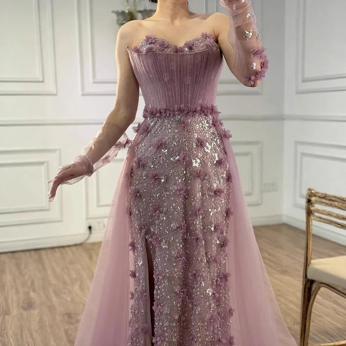 Elegant Pink 3D Floral High Slit Evening Gown with Gloves Overskirt LA72937 - SERENE HILL