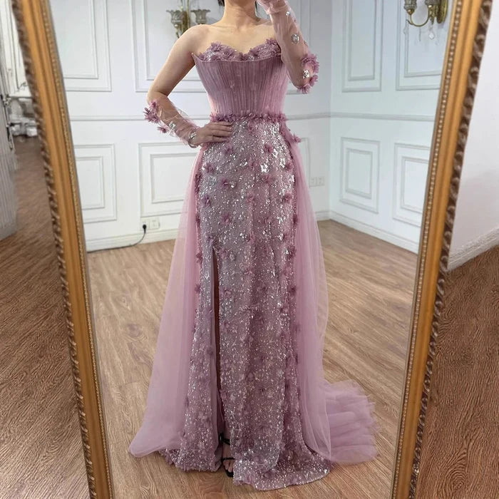 Elegant Pink 3D Floral High Slit Evening Gown with Gloves Overskirt LA72937 - SERENE HILL