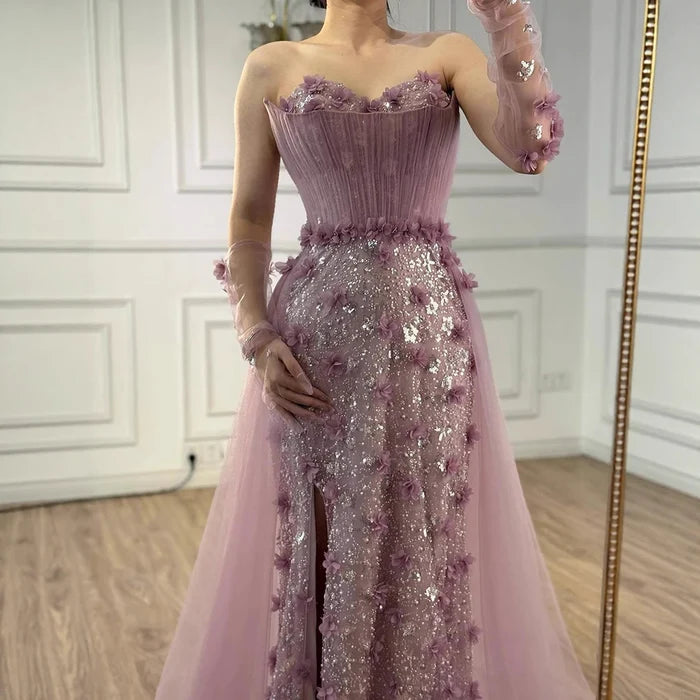 Elegant Pink 3D Floral High Slit Evening Gown with Gloves Overskirt LA72937 - SERENE HILL