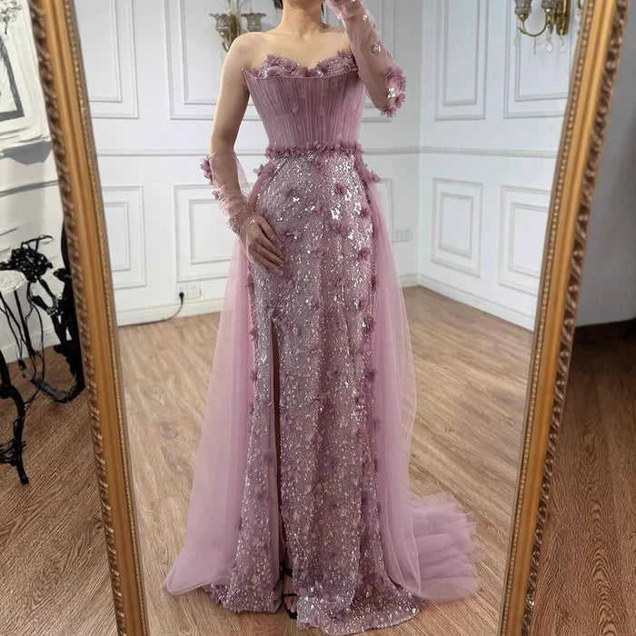 Elegant Pink 3D Floral High Slit Evening Gown with Gloves Overskirt LA72937 - SERENE HILL