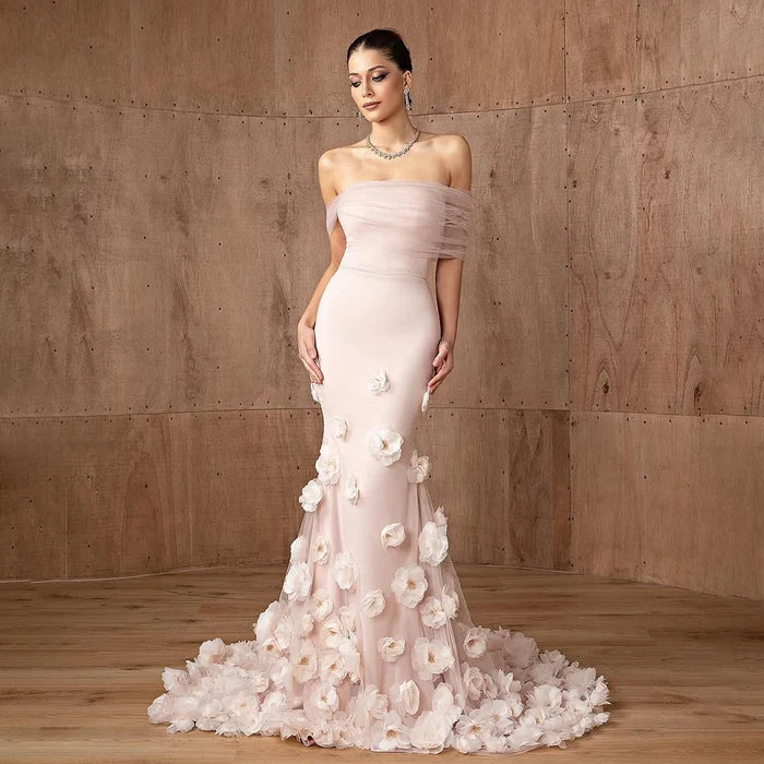 Elegant pink 3D flower off-shoulder evening dress LA72943 - SERENE HILL