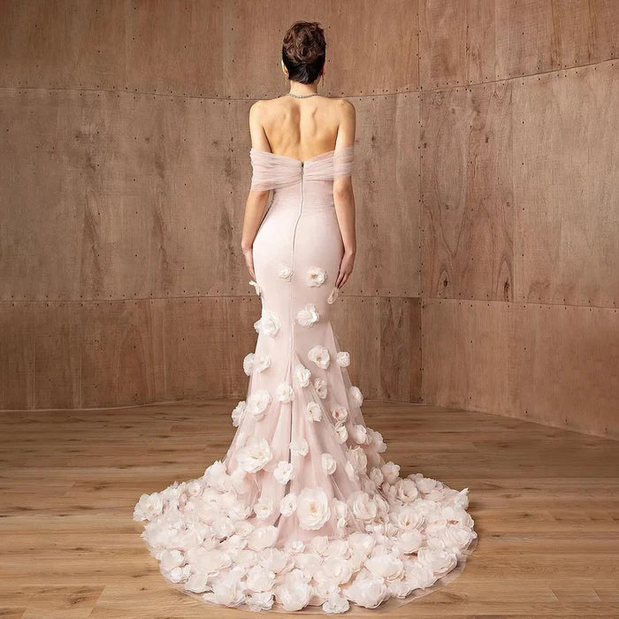 Elegant pink 3D flower off-shoulder evening dress LA72943 - SERENE HILL