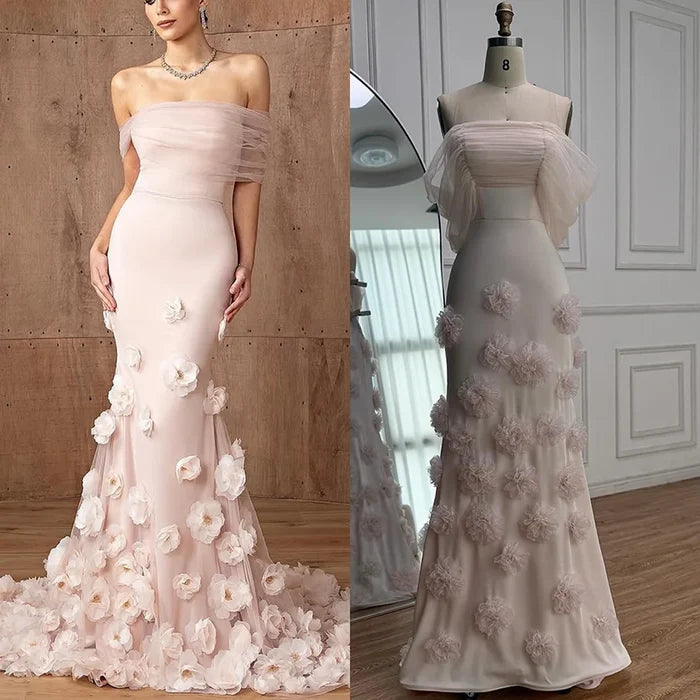 Elegant pink 3D flower off-shoulder evening dress LA72943 - SERENE HILL