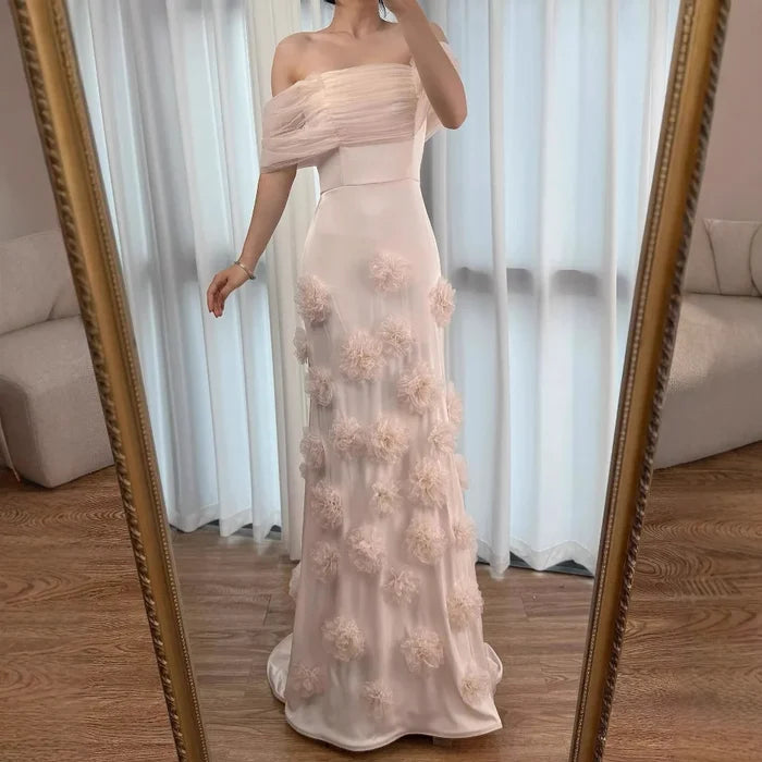 Elegant pink 3D flower off-shoulder evening dress LA72943 - SERENE HILL