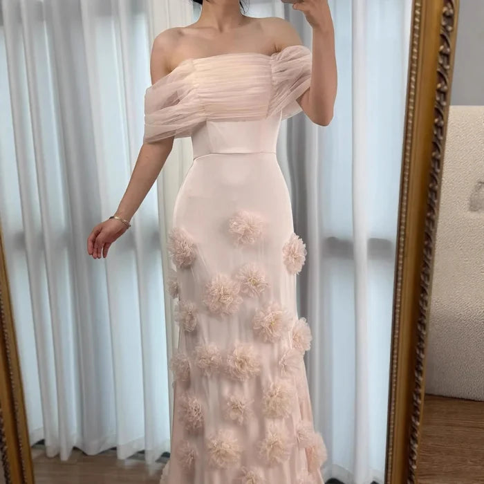 Elegant pink 3D flower off-shoulder evening dress LA72943 - SERENE HILL