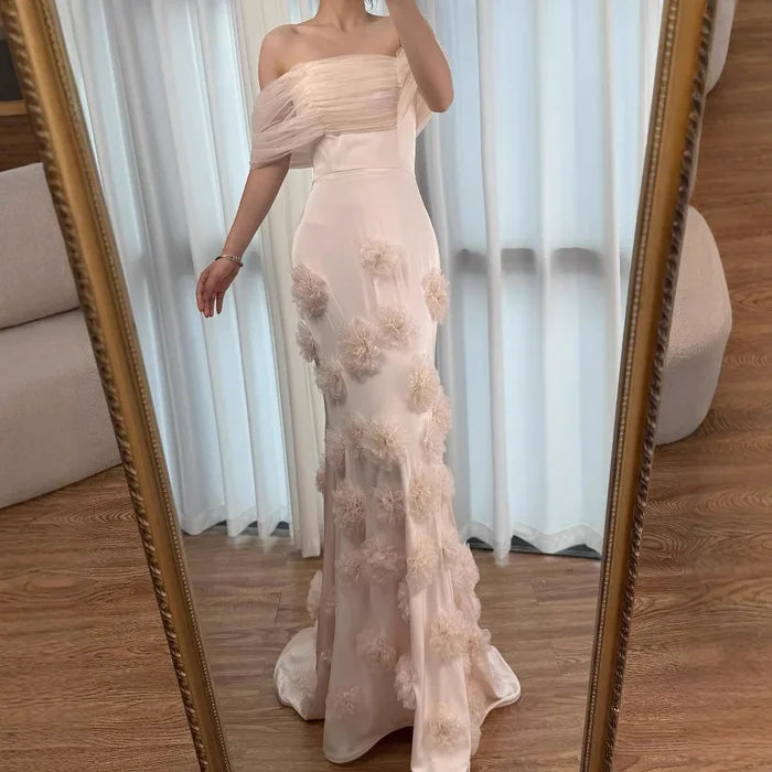 Elegant pink 3D flower off-shoulder evening dress LA72943 - SERENE HILL