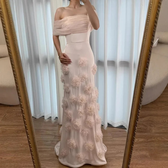 Elegant pink 3D flower off-shoulder evening dress LA72943 - SERENE HILL