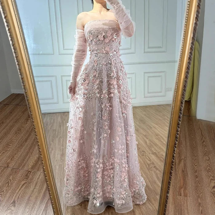Elegant Pink 3D Flowers Evening Dress with Gloves LA72912 - SERENE HILL